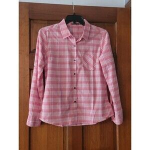 prAna Women’s Medium Long Sleeve Pink Plaid Button Down Roll Tab Sleeve Shirt